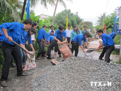 Thanh niên tình nguyện tham gia làm đường bêtông ở Bến Tre.